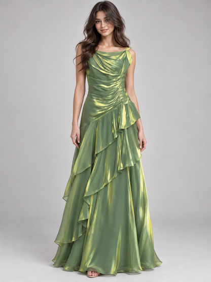 Celestia Olive Iridescent Ruffle Maxi Dress