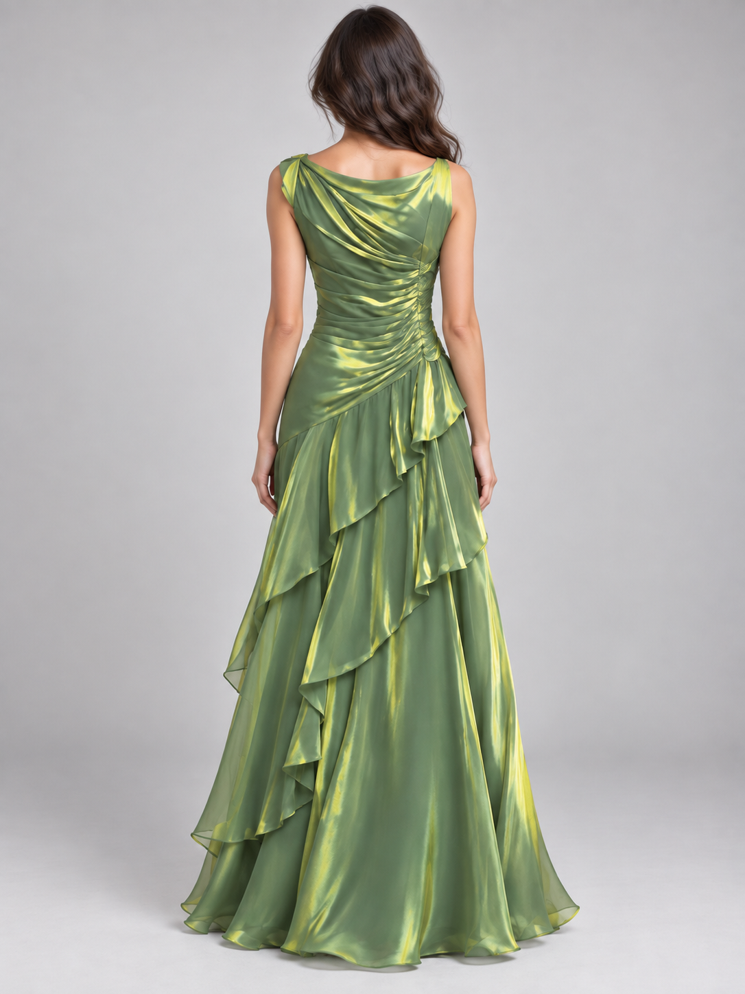 Celestia Olive Iridescent Ruffle Maxi Dress