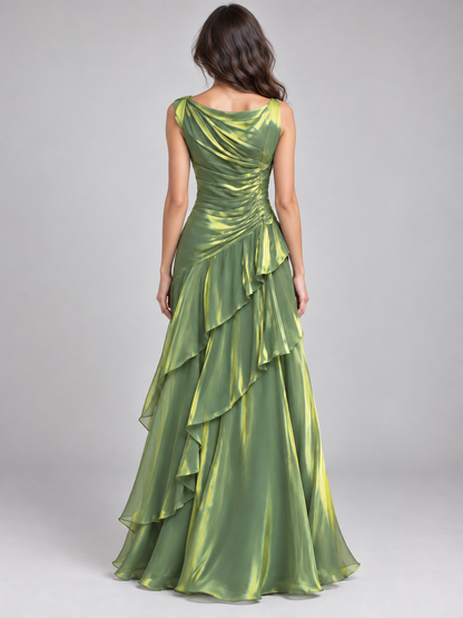 Celestia Olive Iridescent Ruffle Maxi Dress