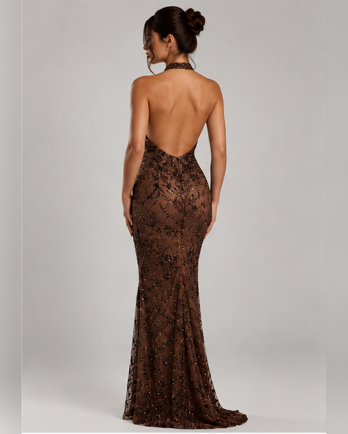 Elara Chocolate Embellished Halter Maxi Dress