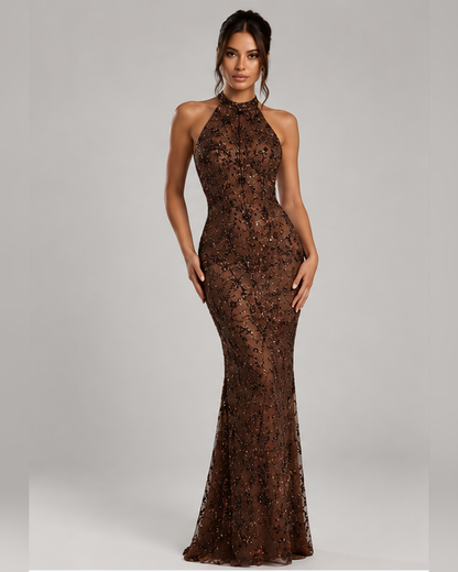 Elara Chocolate Embellished Halter Maxi Dress